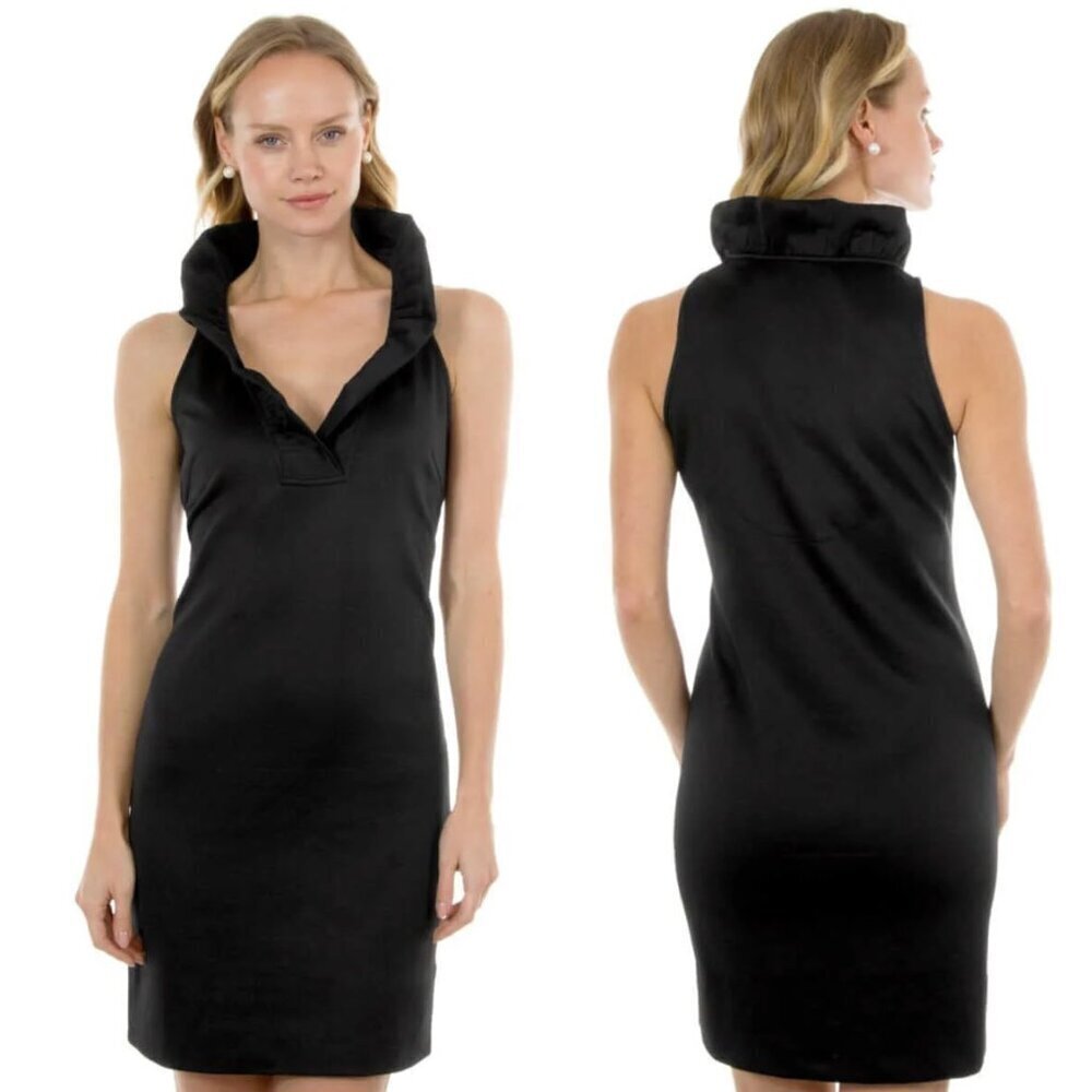 Gretchen Scott Jersey Ruffle Collar V-Neck Sleeveless Mini Dress Black, size XL